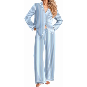 Ekouaer Women Christmas Pajama Long Sleeve Button Up Loungewear Striped Pjs(Stripe Blue)