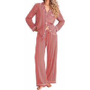 Ekouaer Women Christmas Pajama Long Sleeve Button Up Loungewear Striped Pjs(Stripe Red)