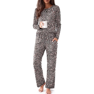 Ekouaer Women Pajama Sets 100% Cotton Pj Sets Comfy Long Sleeve Lounge Set(Apricot Black Leopard)
