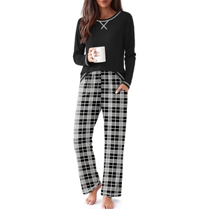 Ekouaer Women Pajama Sets 100% Cotton Pj Sets Comfy Long Sleeve Lounge Set(Black Plaid)