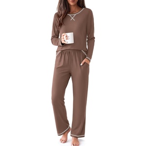 Ekouaer Women Pajama Sets 100% Cotton Pj Sets Comfy Long Sleeve Lounge Set(Brown)