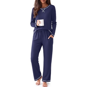 Ekouaer Women Pajama Sets 100% Cotton Pj Sets Comfy Long Sleeve Lounge Set(Navy Blue)