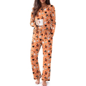Ekouaer Women Pajama Sets 100% Cotton Pj Sets Comfy Long Sleeve Lounge Set(Orange Halloween)