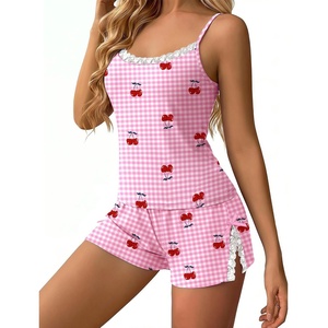 Ekouaer Women’s Cami Pajama Set Sexy Lace Split Shorts Lingerie Set XS-XXL(Pink Checkered Cherry)