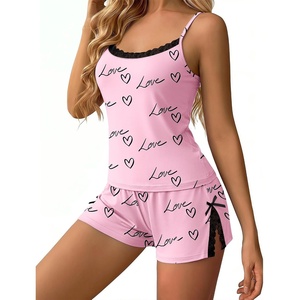 Ekouaer Women’s Cami Pajama Set Sexy Lace Split Shorts Lingerie Set XS-XXL(Pink Love Letter Print)