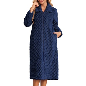 Ekouaer Womens Fluffy Zipper Robes Warm Fleece Housecoat Soft Cozy Bathrobe(Navy Blue)