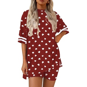 Ekouaer Womens Pajamas Casual 2 Piece Short Sleeve Biker Shorts Lounge Set(Wine Heart)