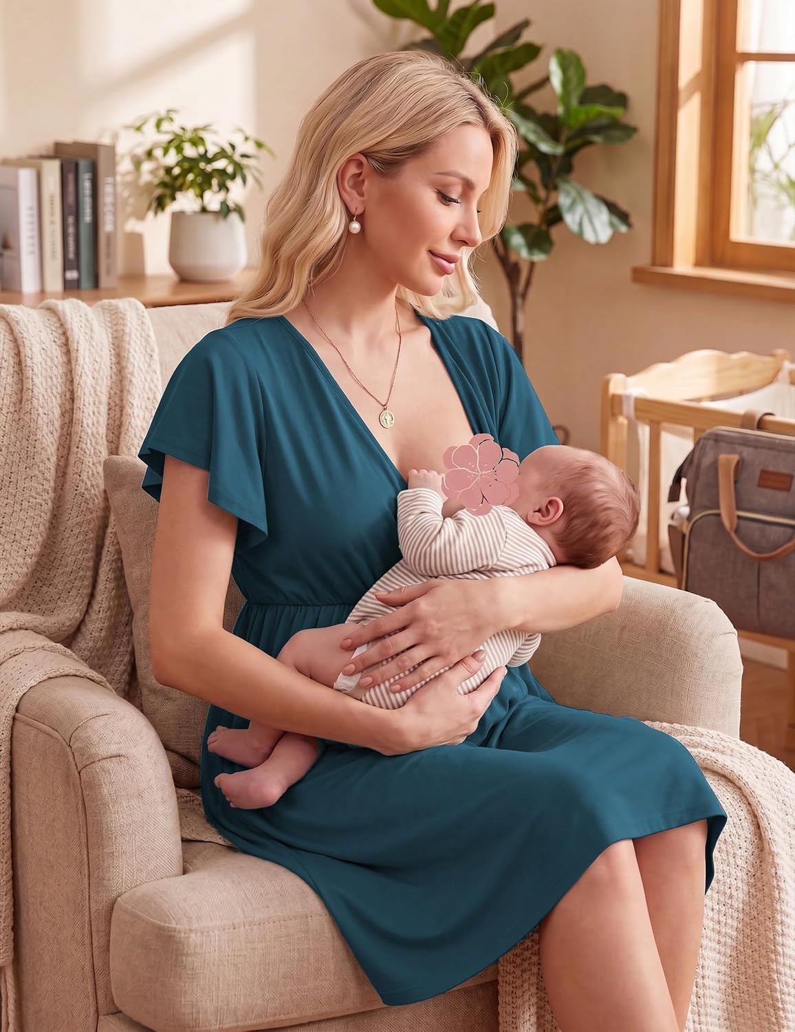image:imageEkouaer Cotton Labor and Delivery Gown Nursing Nightgown Pajamas DressBlue Green