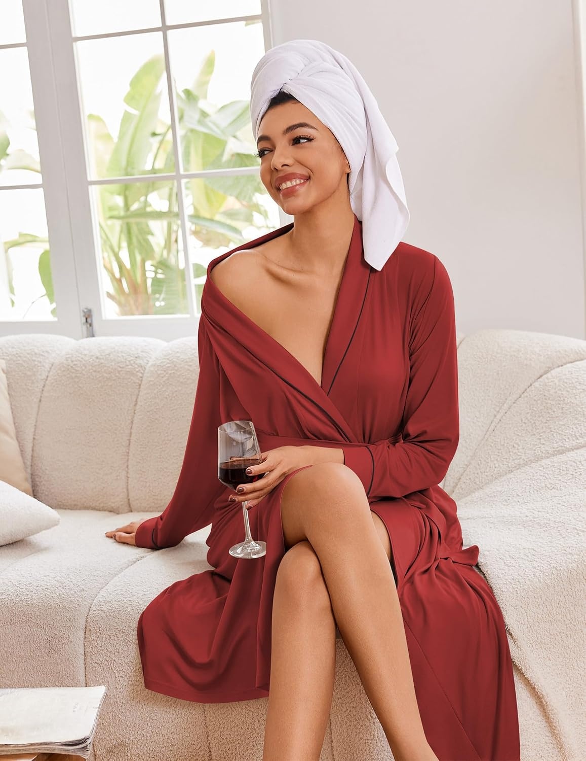 image:imageEkouaer Kimono Robes for Women Long Lightweight Knit Soft BathrobeWine Red