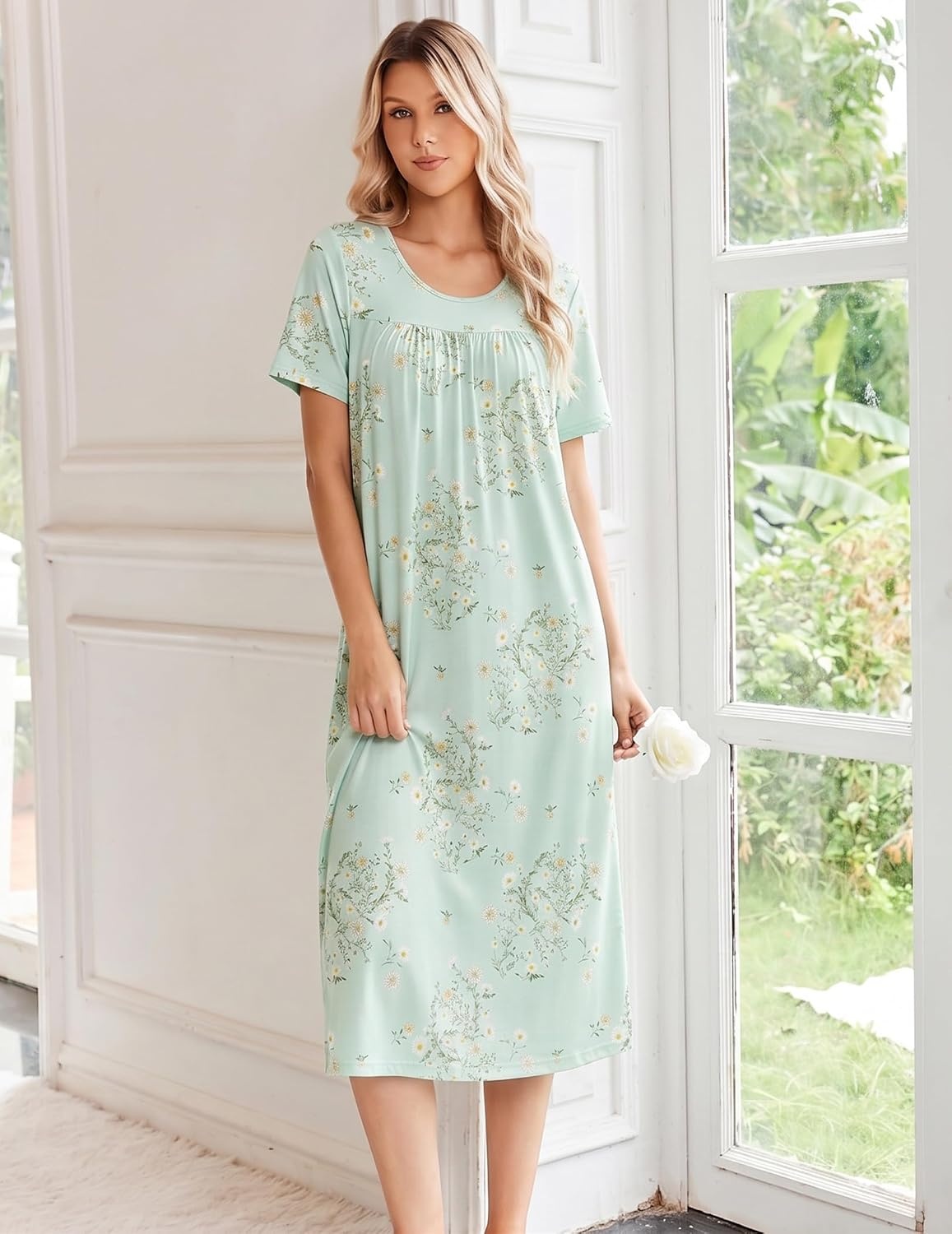 image:imageEkouaer Long Nightgowns for Women Bamboo Viscose Short Sleeve House Dresses1 Daisy Green