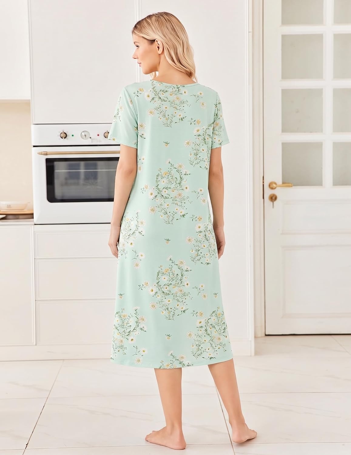 image:imageEkouaer Long Nightgowns for Women Bamboo Viscose Short Sleeve House Dresses1 Daisy Green