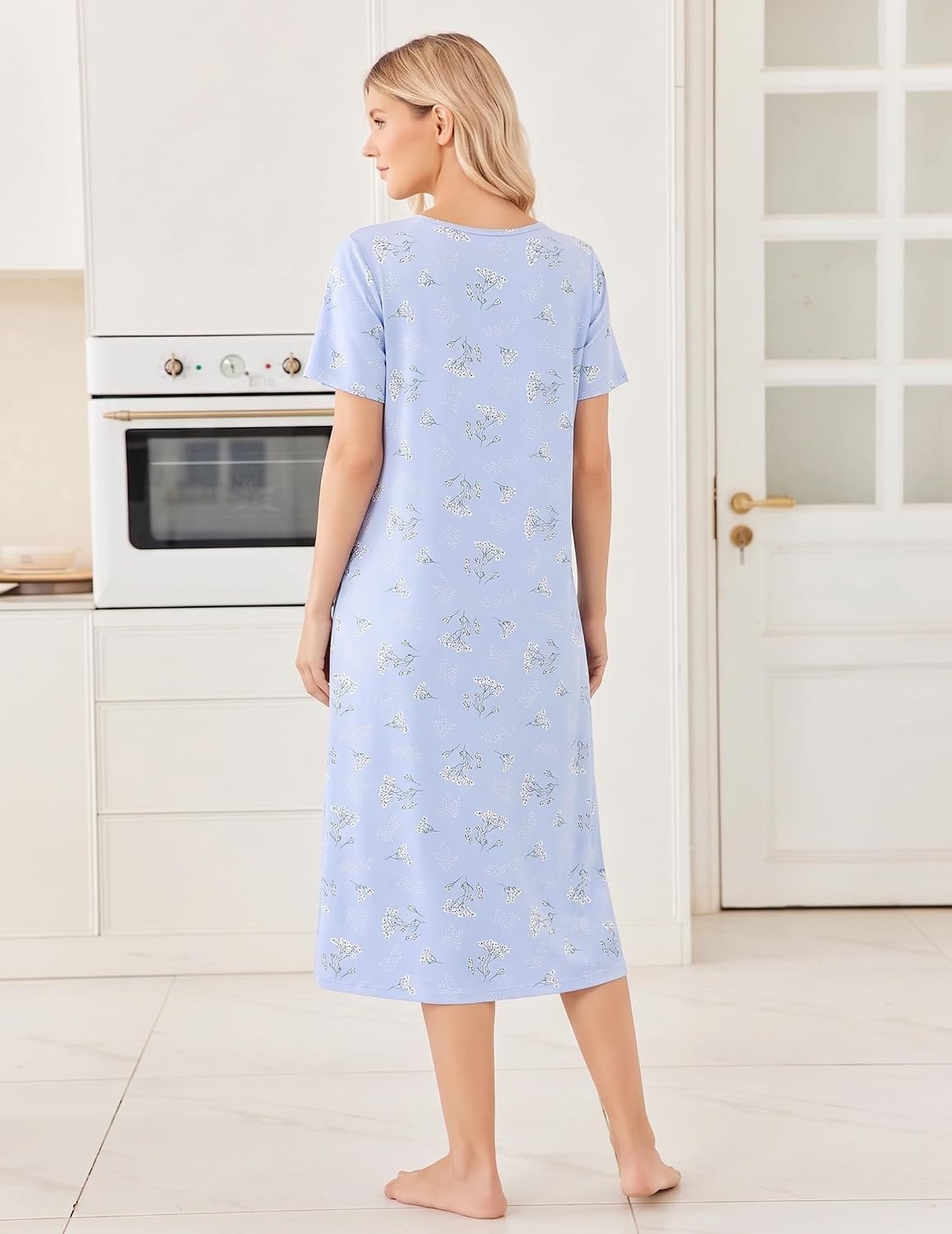 image:imageEkouaer Long Nightgowns for Women Bamboo Viscose Short Sleeve House Dresses1 Light Blue Floral