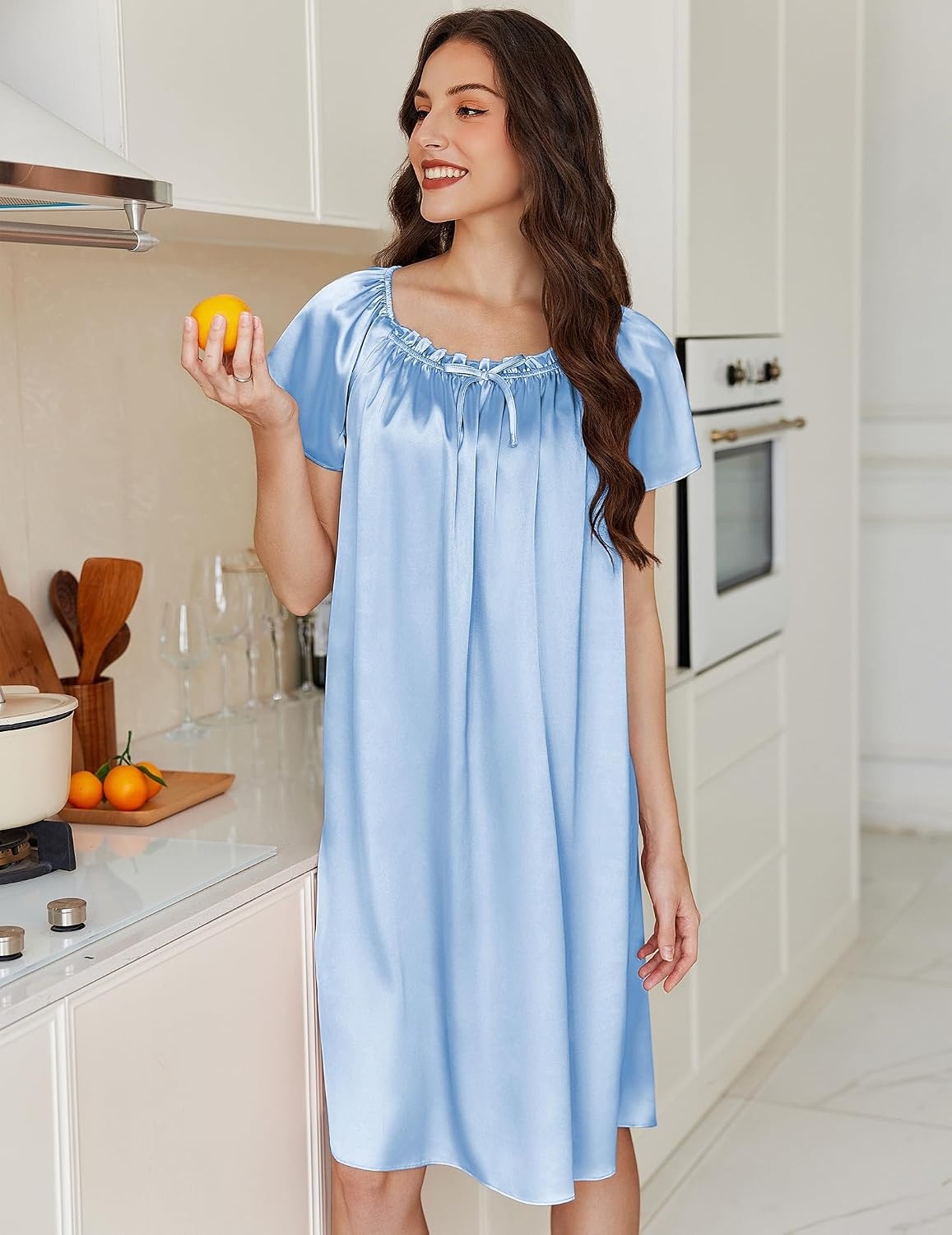 image:imageEkouaer Nightgown for Women Satin Silk Night Gown Loose Plus Size SleepwearPinkLight Blue