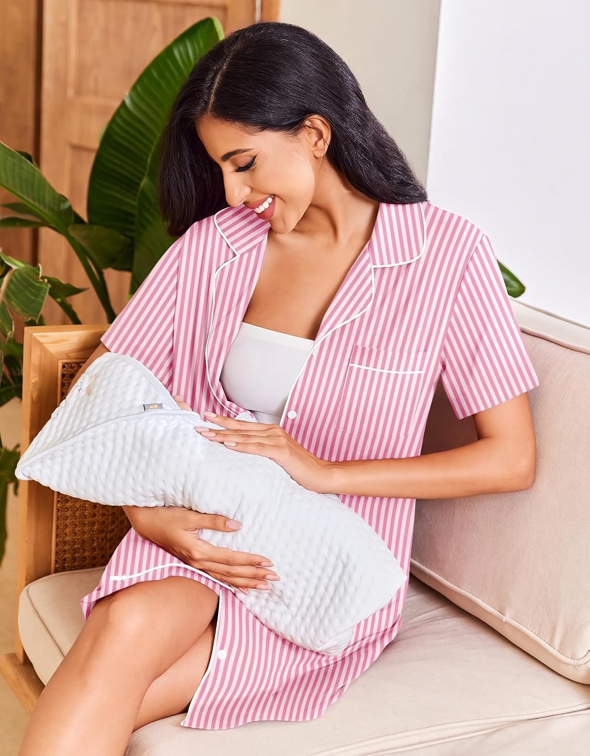 image:imageEkouaer Nightgowns for Women Button Down Sleep Shirt Short Sleeve SleepwearApink Stripe