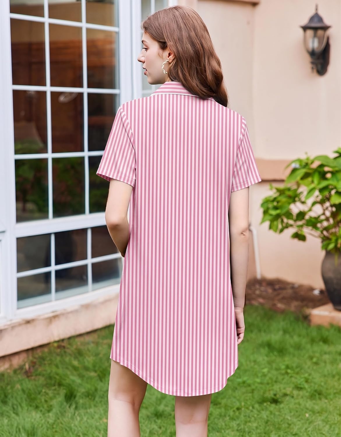 image:imageEkouaer Nightgowns for Women Button Down Sleep Shirt Short Sleeve SleepwearApink Stripe