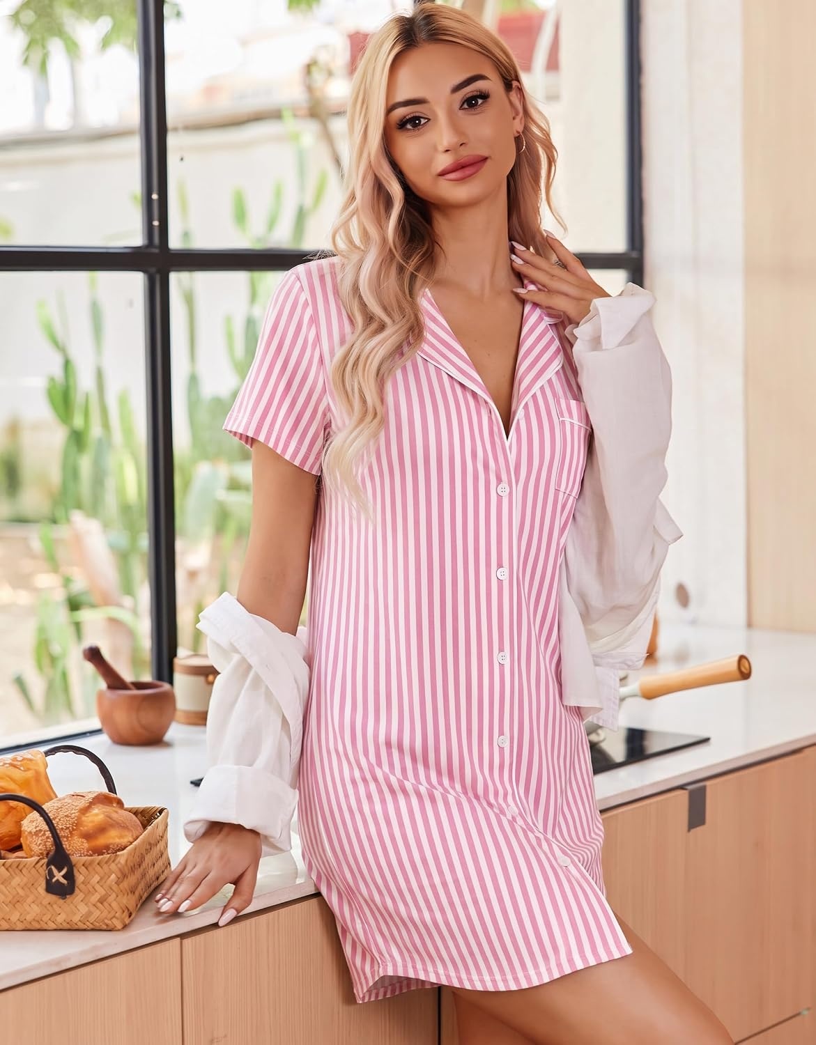 image:imageEkouaer Nightgowns for Women Button Down Sleep Shirt Short Sleeve SleepwearApink Stripe