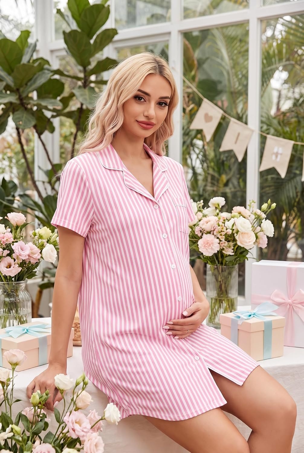image:imageEkouaer Nightgowns for Women Button Down Sleep Shirt Short Sleeve SleepwearApink Stripe