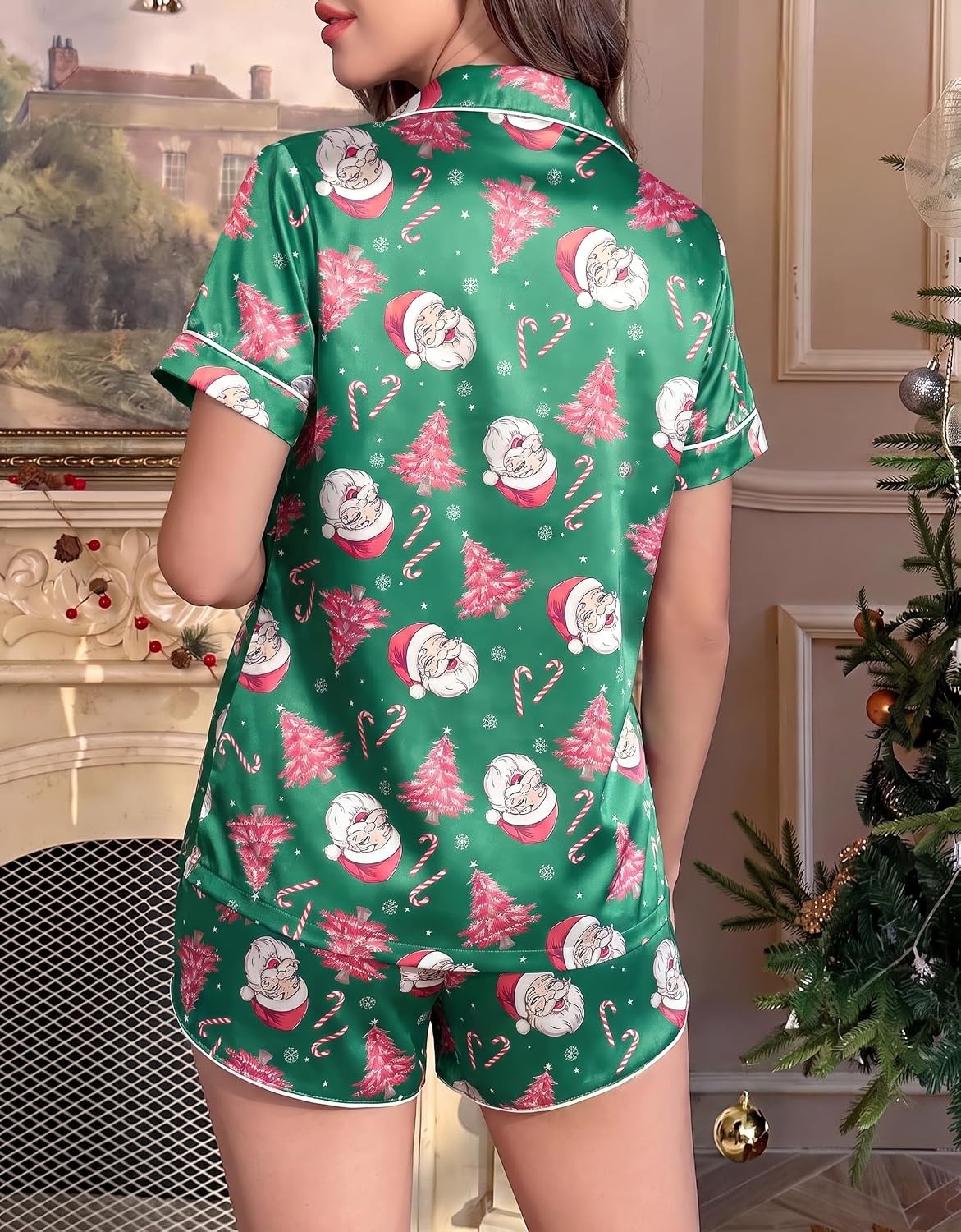 image:imageEkouaer Silk Satin Pajama Set for Women Funny Graphic Sleepwear S5XLGreen Santa Christmas Tree
