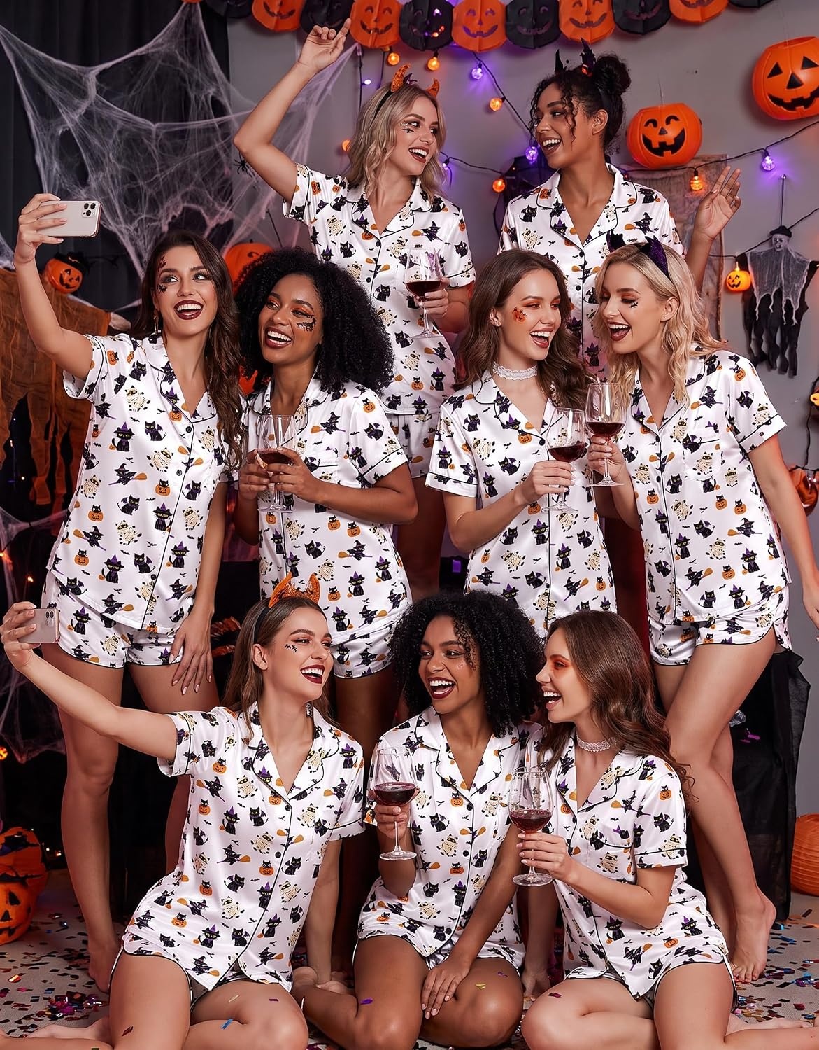 image:imageEkouaer Silk Satin Pajama Set for Women Funny Graphic Sleepwear S5XLHalloween Black Cat