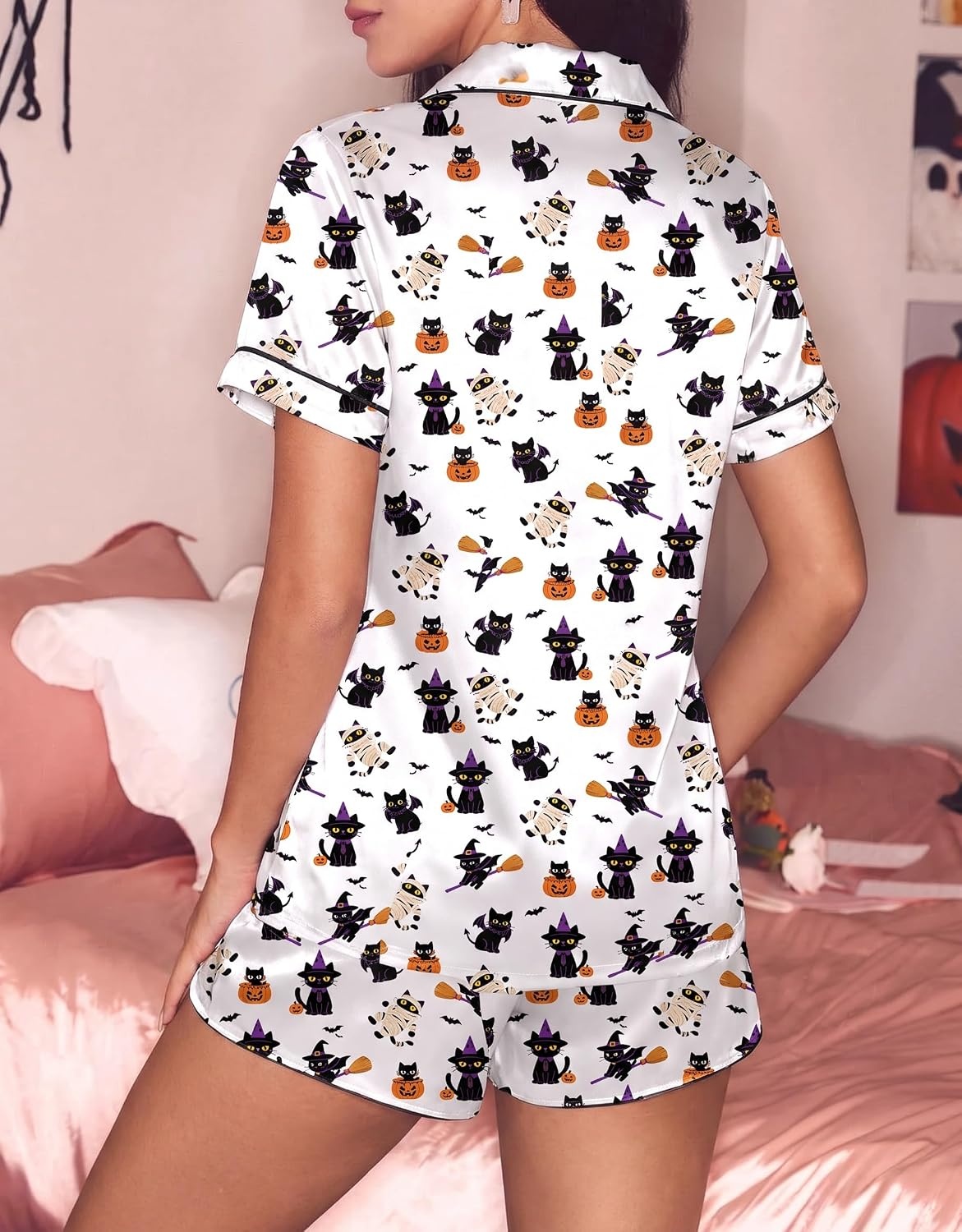 image:imageEkouaer Silk Satin Pajama Set for Women Funny Graphic Sleepwear S5XLHalloween Black Cat