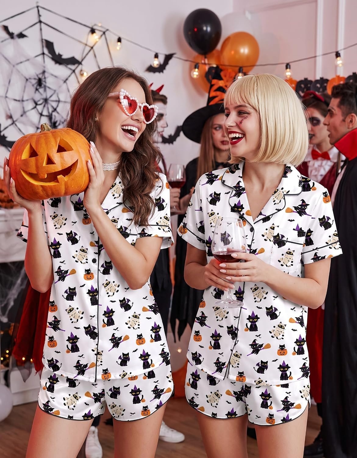 image:imageEkouaer Silk Satin Pajama Set for Women Funny Graphic Sleepwear S5XLHalloween Black Cat