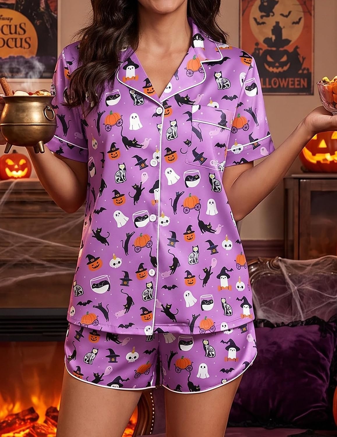 image:imageEkouaer Silk Satin Pajama Set for Women Funny Graphic Sleepwear S5XLHalloween Pruple Print