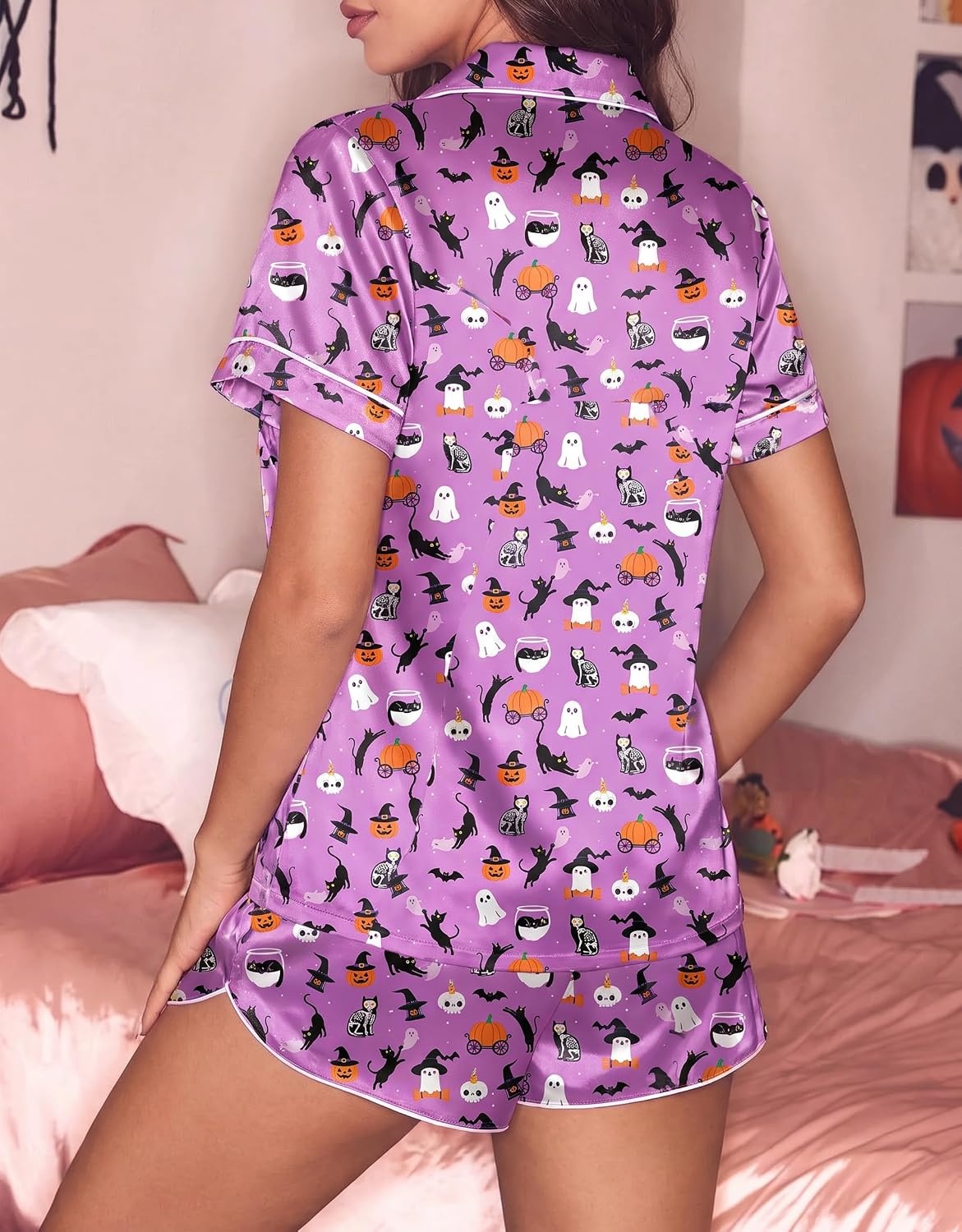 image:imageEkouaer Silk Satin Pajama Set for Women Funny Graphic Sleepwear S5XLHalloween Pruple Print