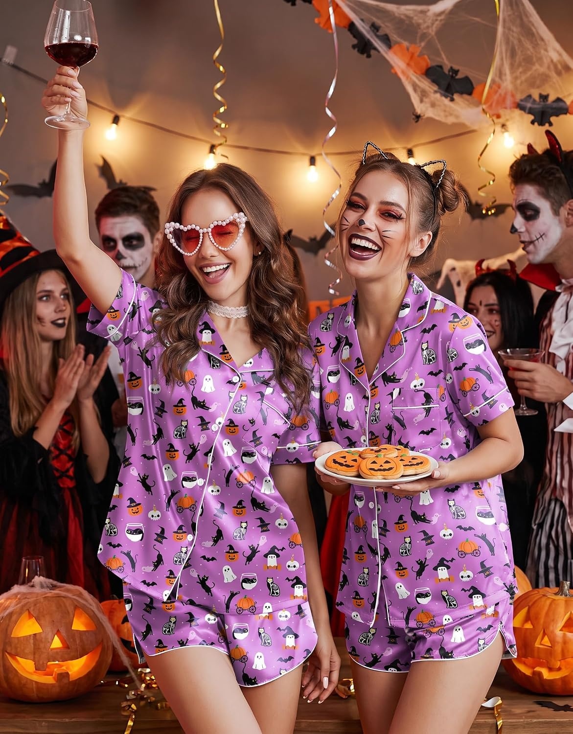 image:imageEkouaer Silk Satin Pajama Set for Women Funny Graphic Sleepwear S5XLHalloween Pruple Print