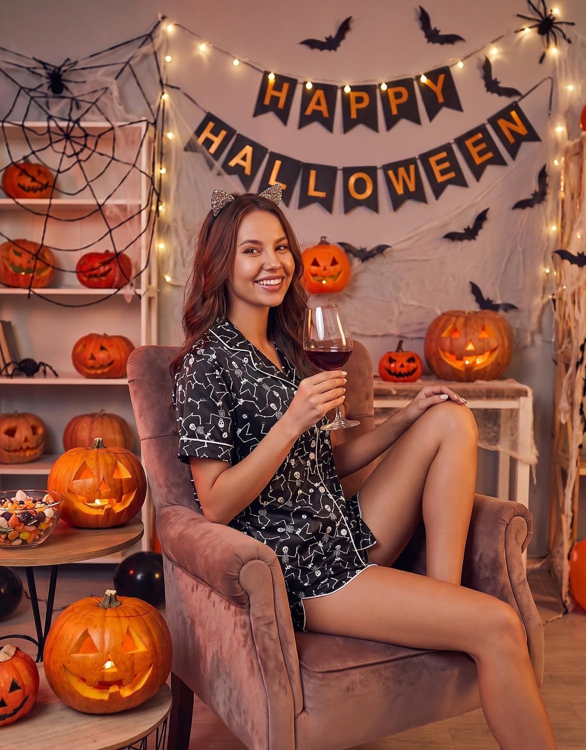 image:imageEkouaer Silk Satin Pajama Set for Women Funny Graphic Sleepwear S5XLHalloween Skeleton