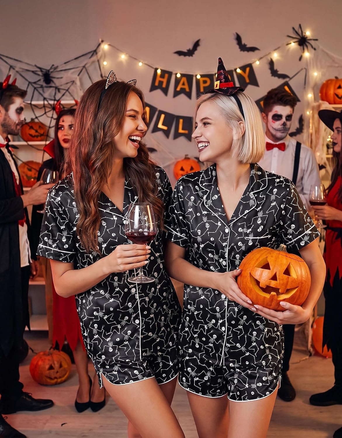 image:imageEkouaer Silk Satin Pajama Set for Women Funny Graphic Sleepwear S5XLHalloween Skeleton