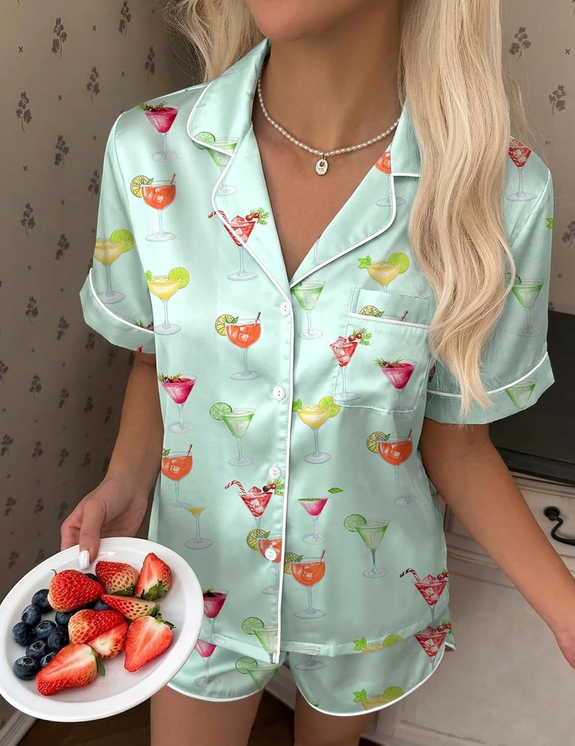 image:imageEkouaer Silk Satin Pajama Set for Women Funny Graphic Sleepwear S5XLLight Green Cocktail Glass