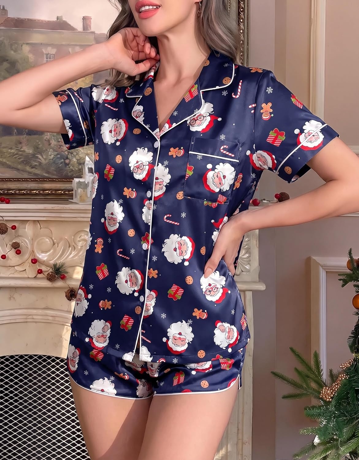 image:imageEkouaer Silk Satin Pajama Set for Women Funny Graphic Sleepwear S5XLNavy Christmas Santa Gingerbread Print