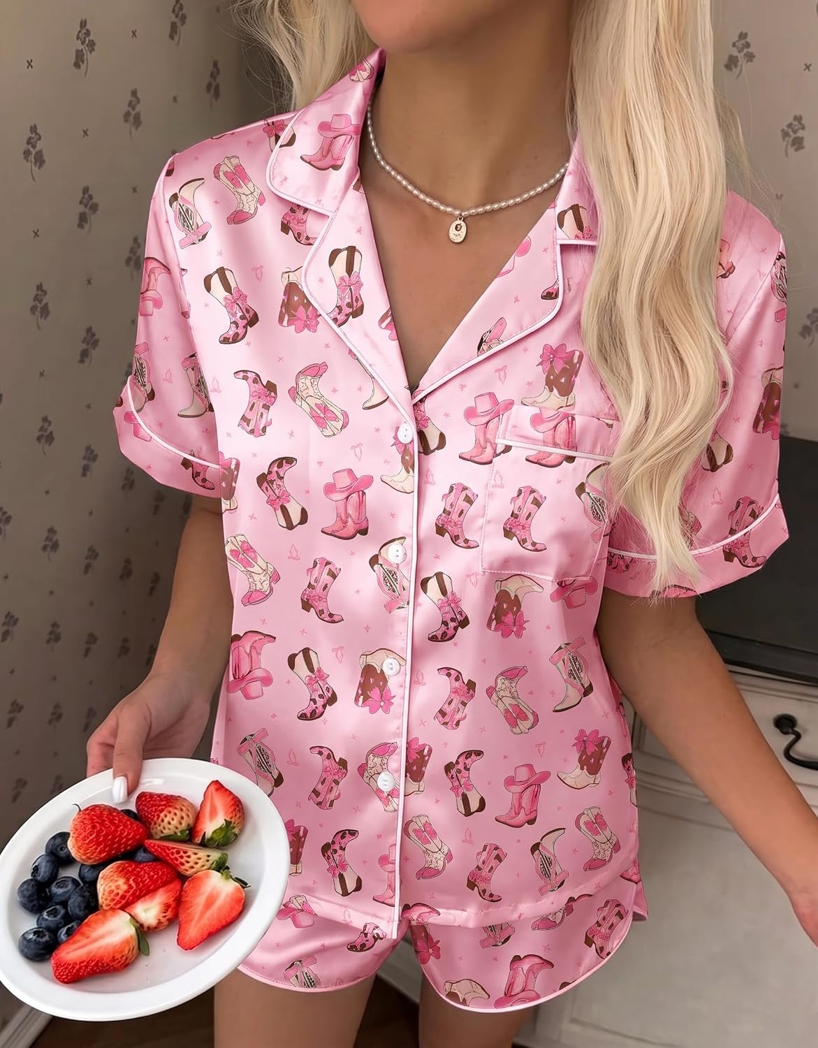 image:imageEkouaer Silk Satin Pajama Set for Women Funny Graphic Sleepwear S5XLPink Bowtied Boots