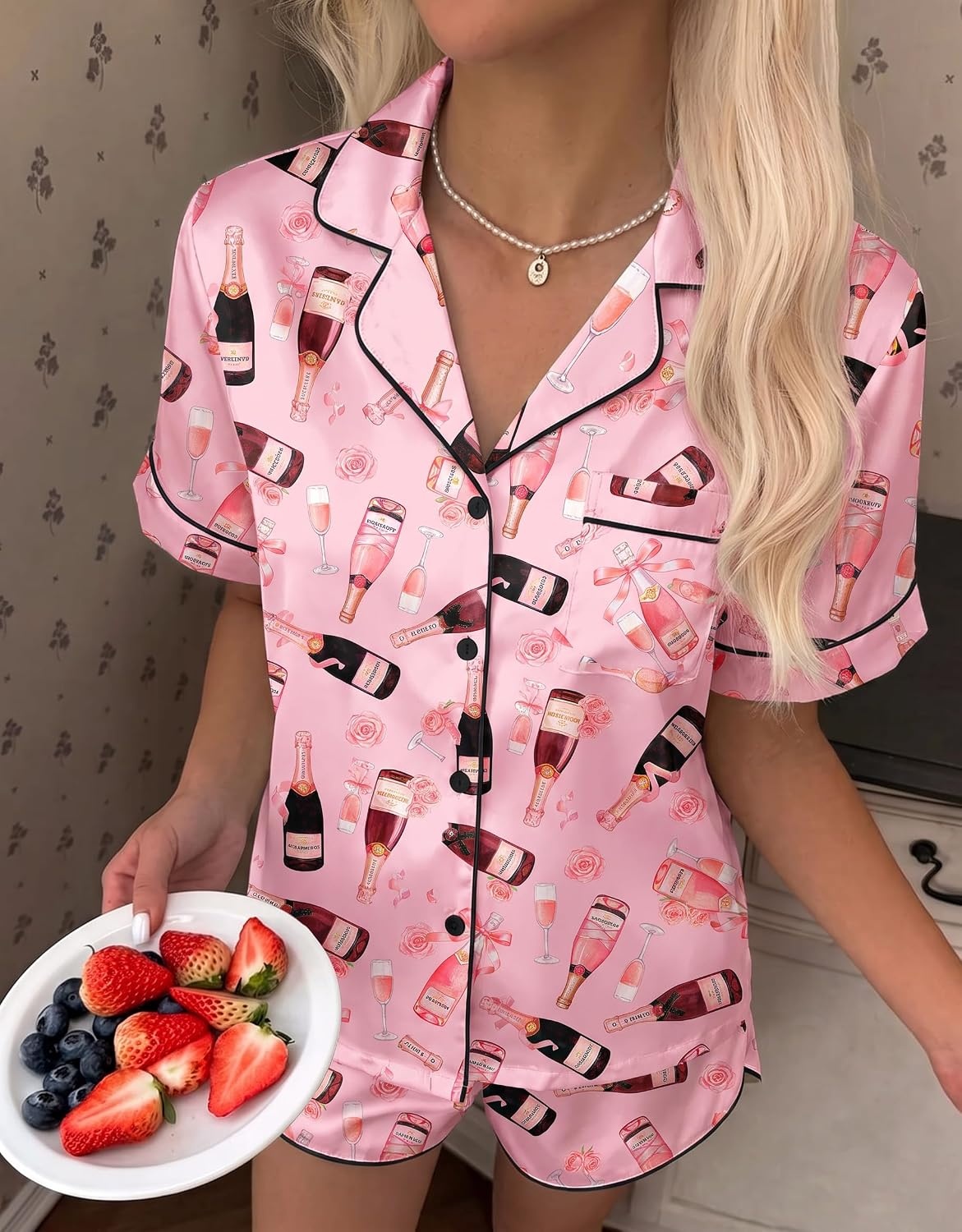image:imageEkouaer Silk Satin Pajama Set for Women Funny Graphic Sleepwear S5XLPink Bowtied Champagne Bottle