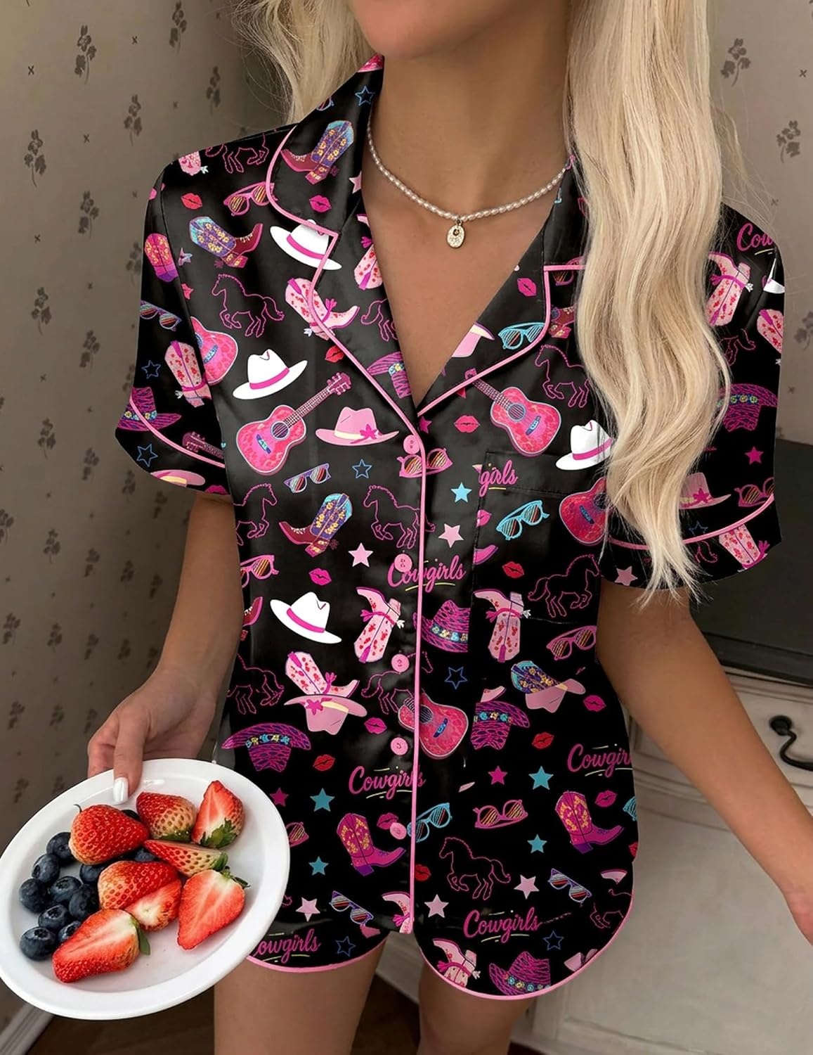 image:imageEkouaer Silk Satin Pajama Set for Women Funny Graphic Sleepwear S5XLPink Disco Cowgirl