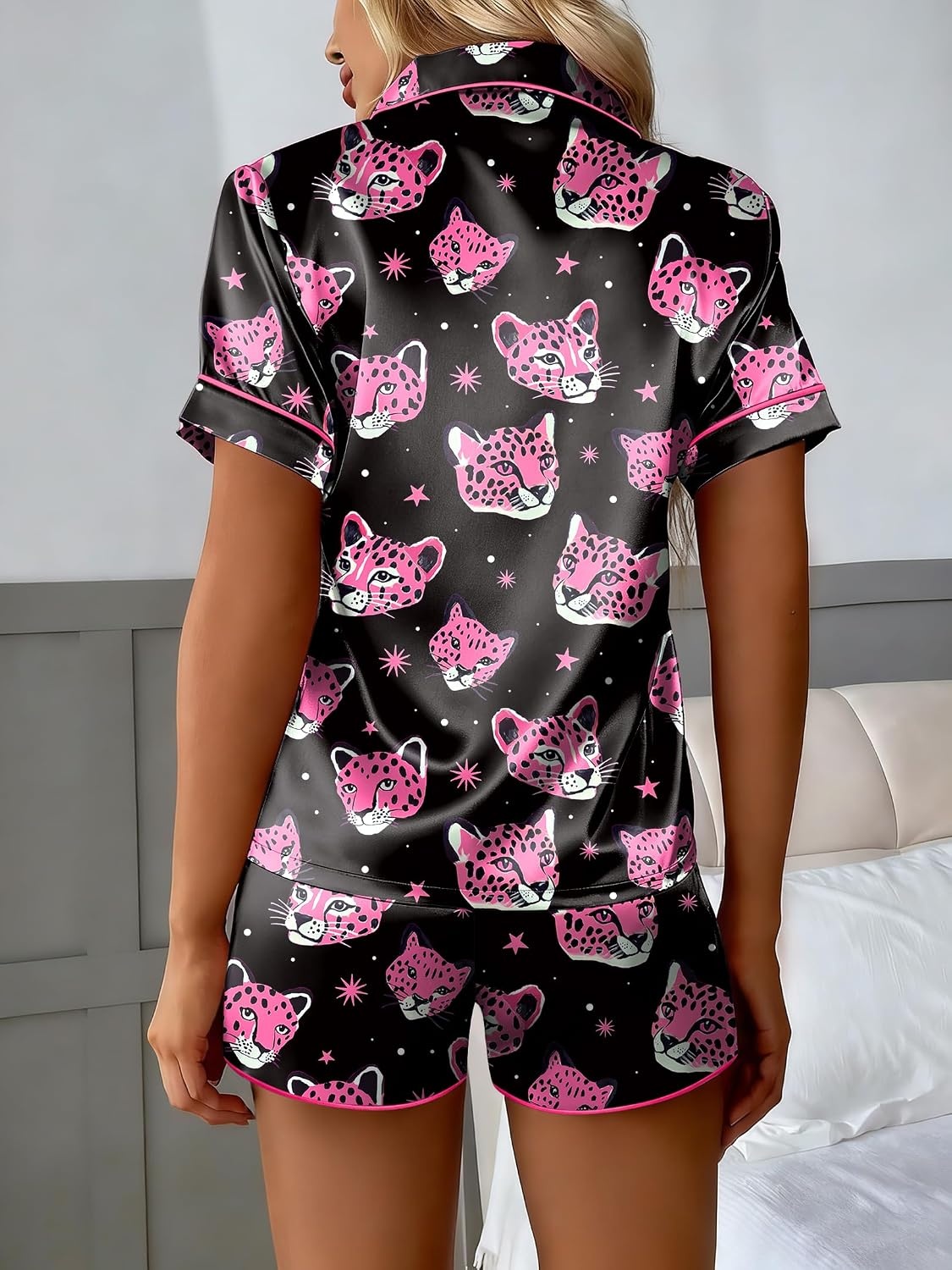 image:imageEkouaer Silk Satin Pajama Set for Women Funny Graphic Sleepwear S5XLPink Leopard