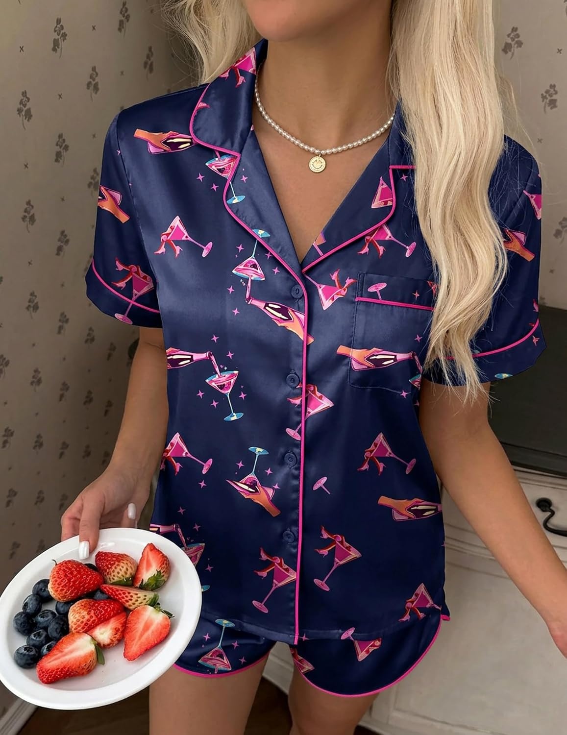 image:imageEkouaer Silk Satin Pajama Set for Women Funny Graphic Sleepwear S5XLPink Martini