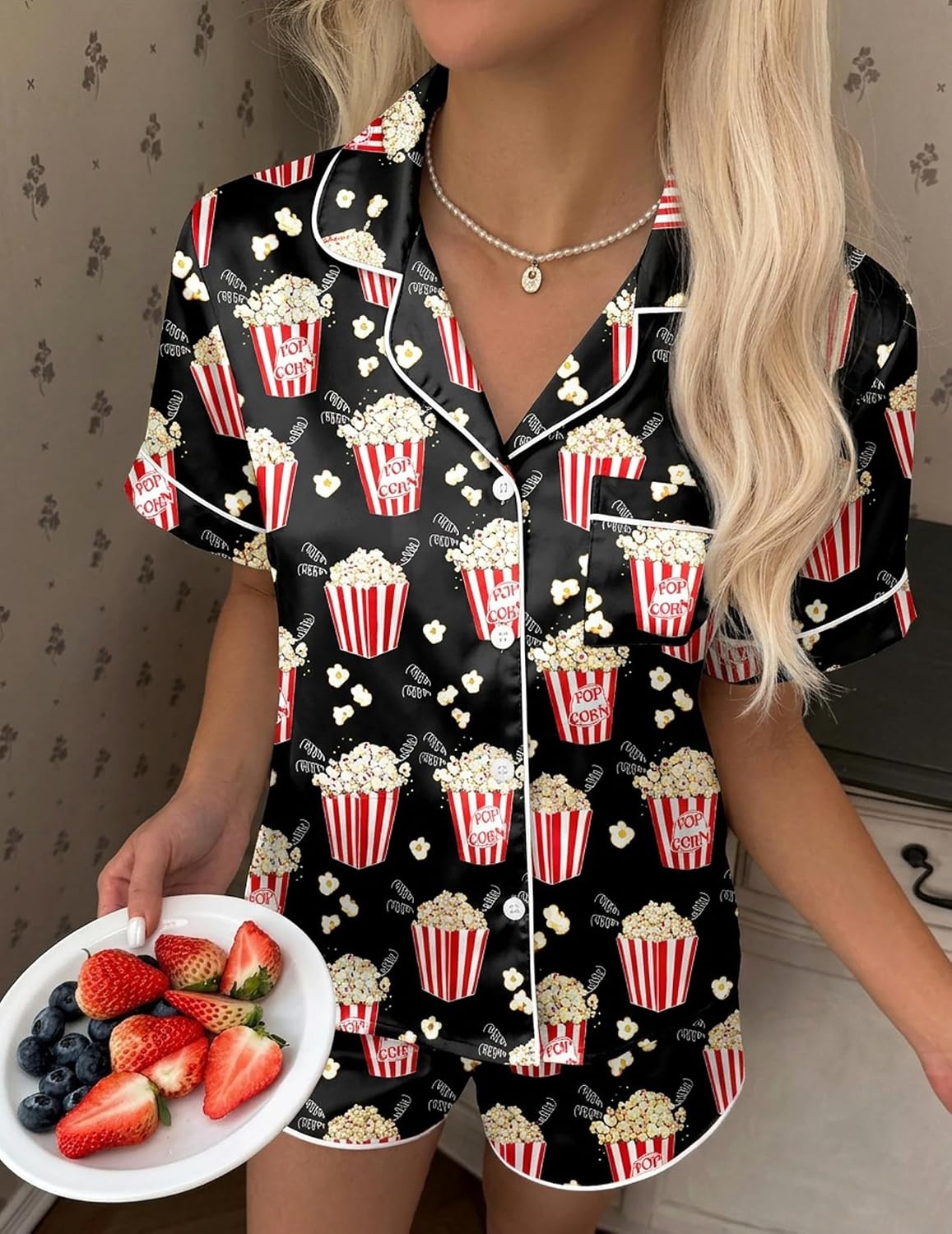 image:imageEkouaer Silk Satin Pajama Set for Women Funny Graphic Sleepwear S5XLPopcorn