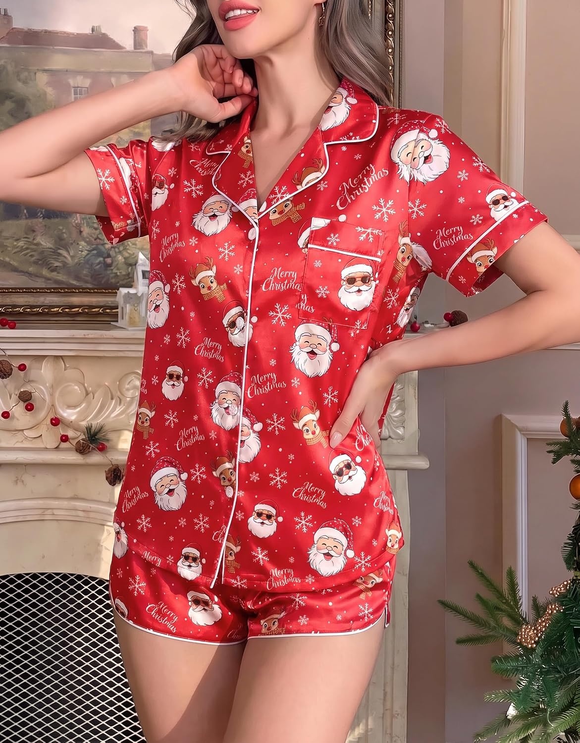 image:imageEkouaer Silk Satin Pajama Set for Women Funny Graphic Sleepwear S5XLRed Christmas Santa