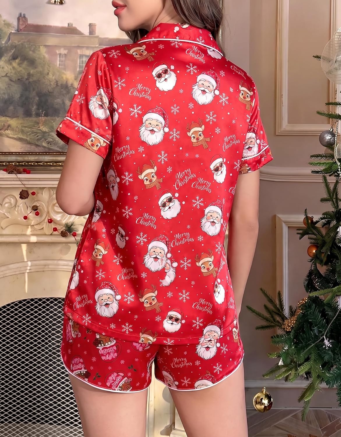 image:imageEkouaer Silk Satin Pajama Set for Women Funny Graphic Sleepwear S5XLRed Christmas Santa