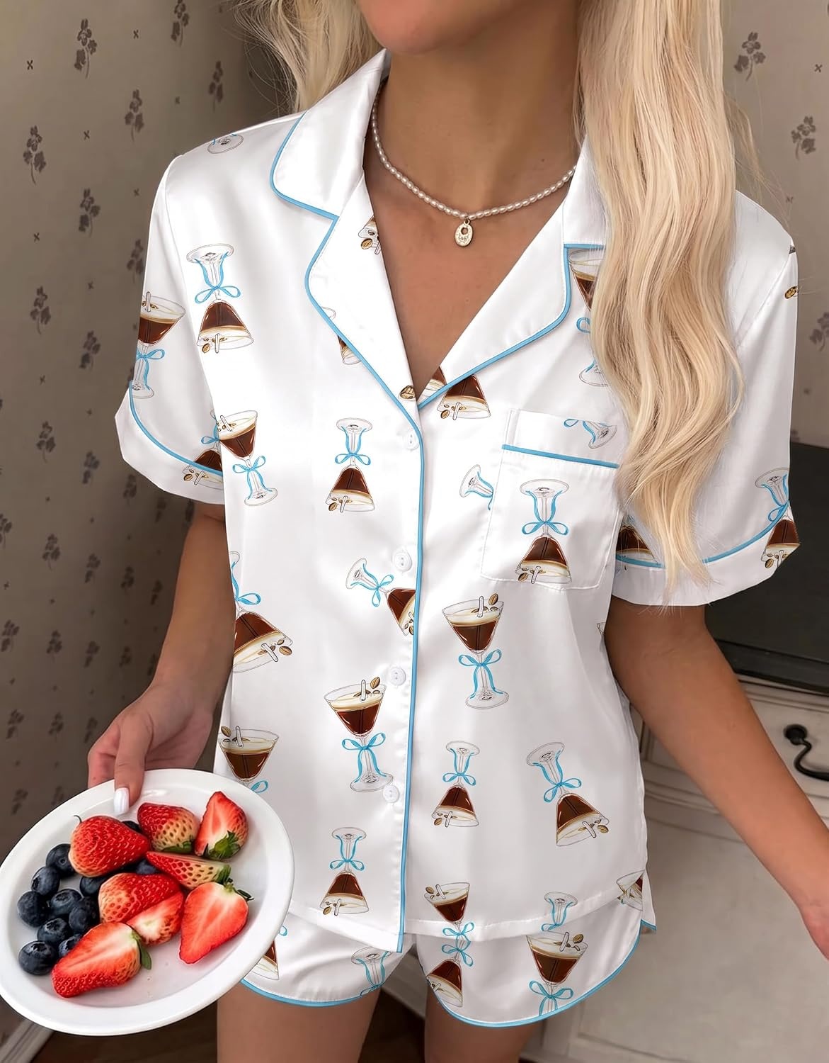 image:imageEkouaer Silk Satin Pajama Set for Women Funny Graphic Sleepwear S5XLRibbon Blue Martini