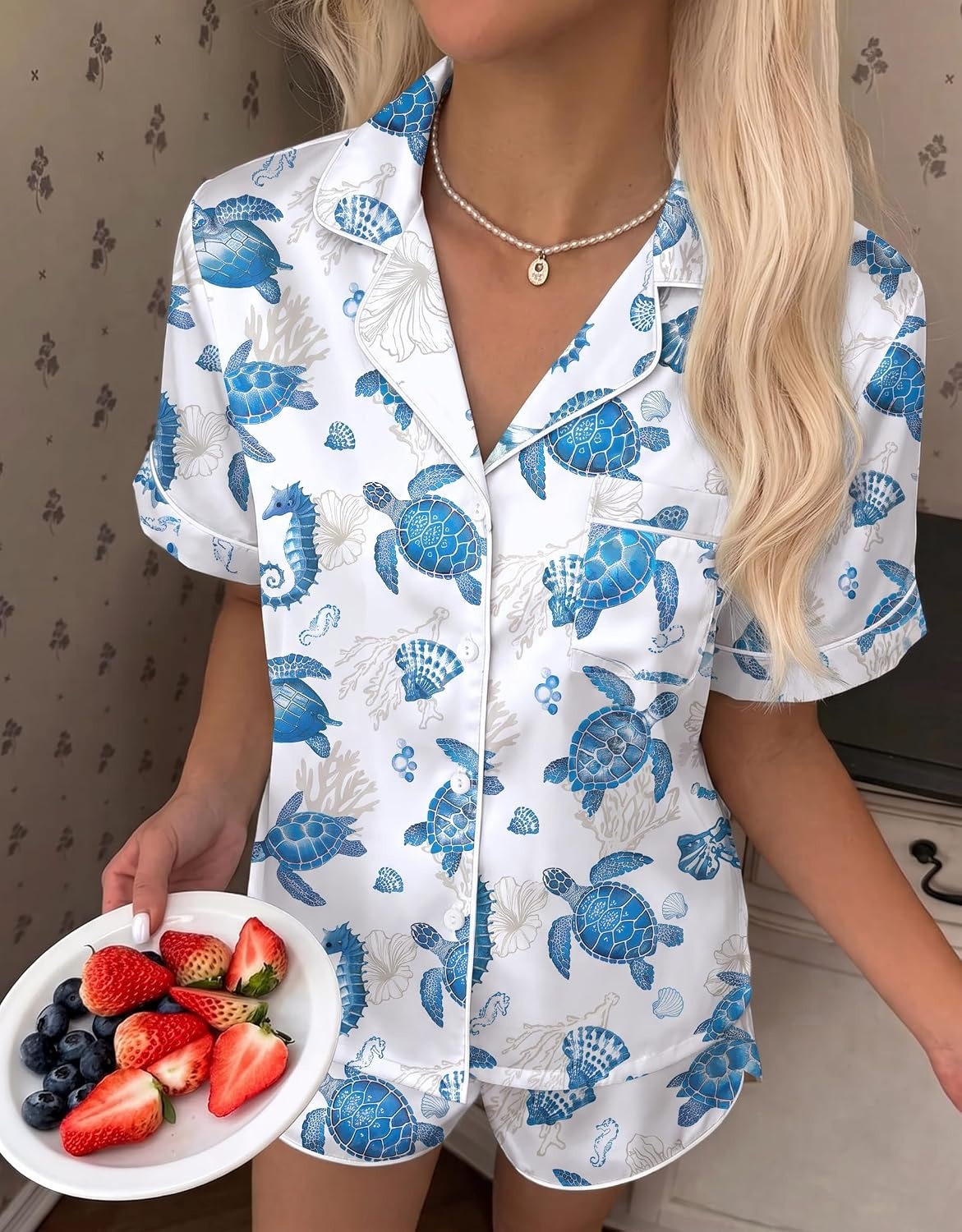 image:imageEkouaer Silk Satin Pajama Set for Women Funny Graphic Sleepwear S5XLSea Turtle and Shell