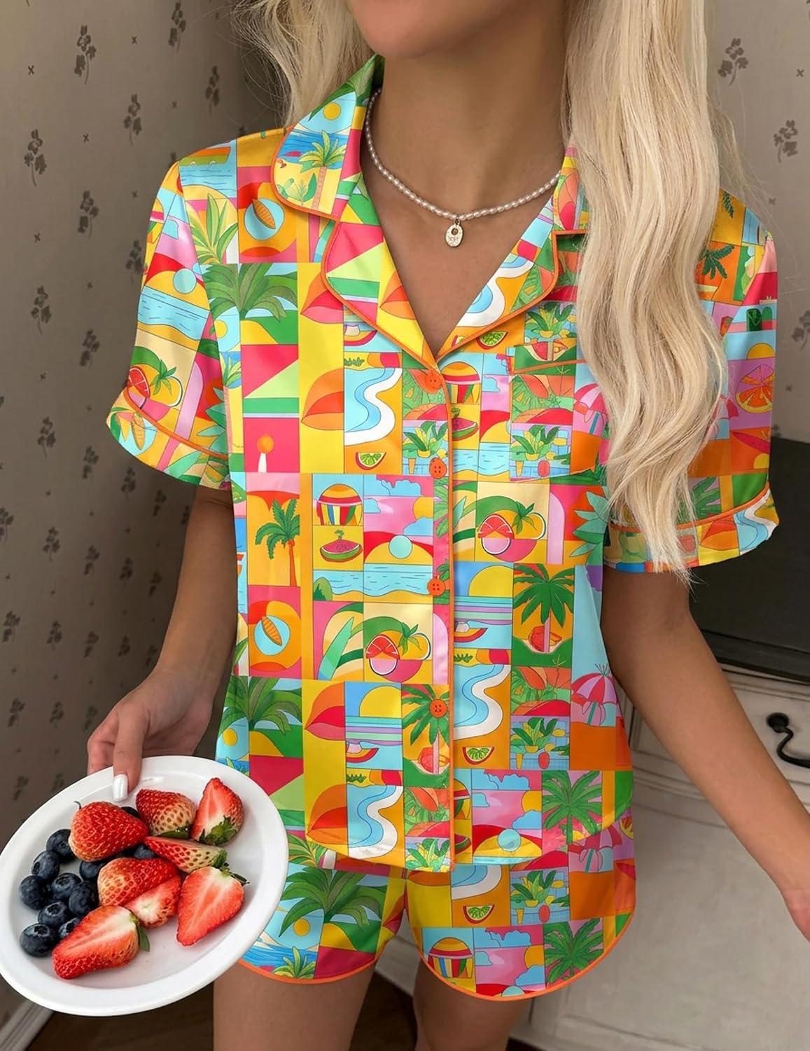 image:imageEkouaer Silk Satin Pajama Set for Women Funny Graphic Sleepwear S5XLTropical Print