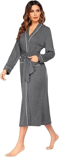 image:imageEkouaer Women Kimono Robes Full Length Knit Bathrobe Lightweight Soft Sleepwear Vneck Casual Ladies LoungewearGrey
