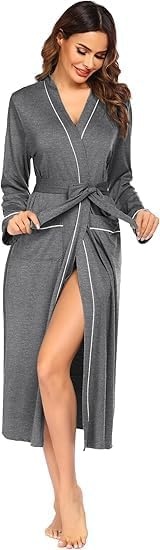 image:imageEkouaer Women Kimono Robes Full Length Knit Bathrobe Lightweight Soft Sleepwear Vneck Casual Ladies LoungewearGrey