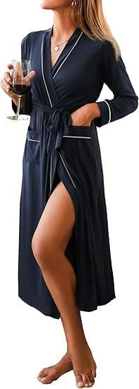 image:imageEkouaer Women Kimono Robes Full Length Knit Bathrobe Lightweight Soft Sleepwear Vneck Casual Ladies LoungewearNavy Blue