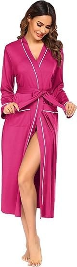 image:imageEkouaer Women Kimono Robes Full Length Knit Bathrobe Lightweight Soft Sleepwear Vneck Casual Ladies LoungewearPink