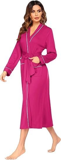 image:imageEkouaer Women Kimono Robes Full Length Knit Bathrobe Lightweight Soft Sleepwear Vneck Casual Ladies LoungewearPink