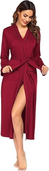 image:imageEkouaer Women Kimono Robes Full Length Knit Bathrobe Lightweight Soft Sleepwear Vneck Casual Ladies LoungewearWine Red