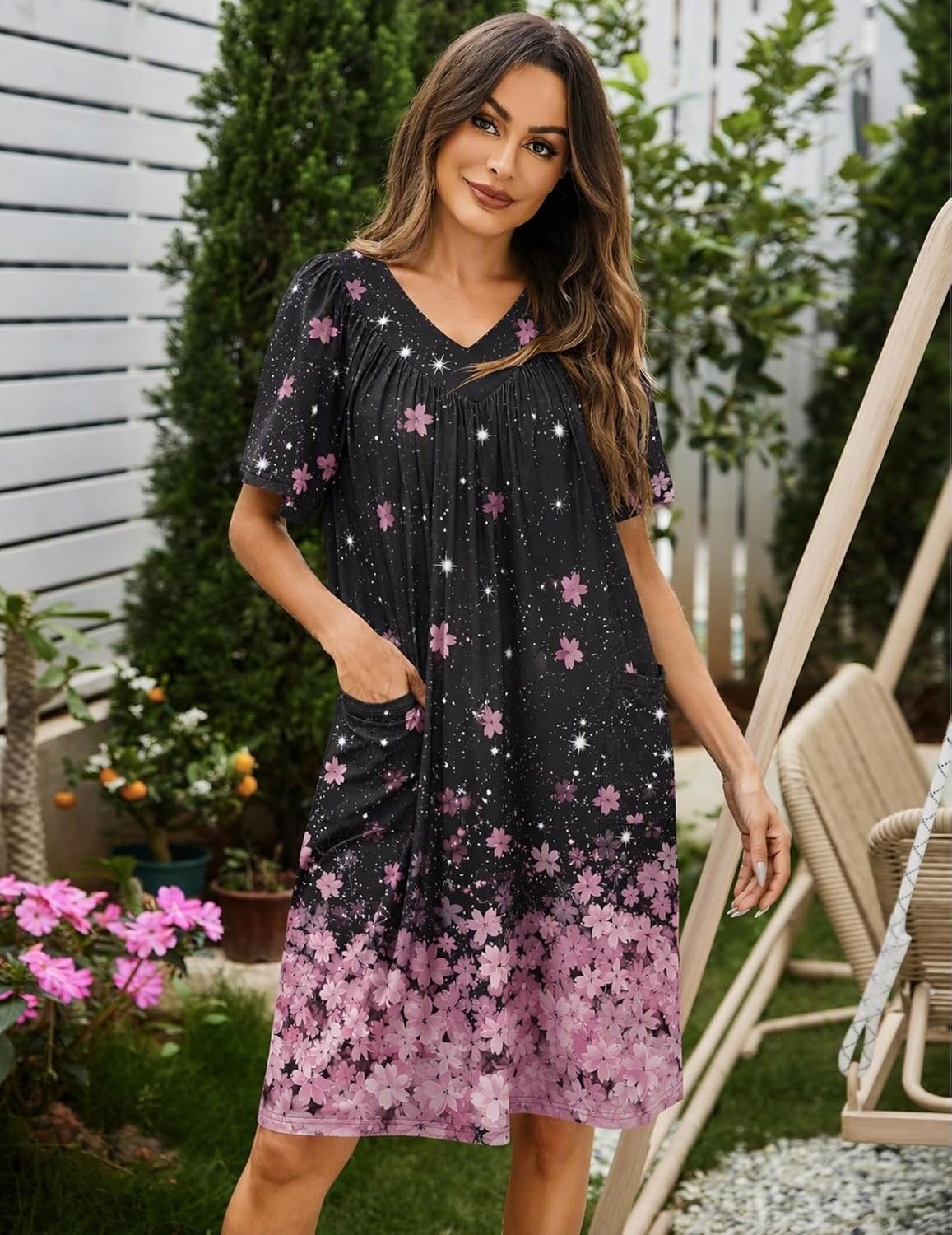 image:imageEkouaer Womens House Dress Floral Print Nightgown with Pockets Mumu DressBlack Sakura